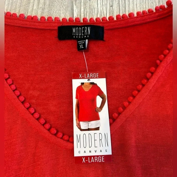 Modern Canvas Women's Red Short Sleeve Solid V Neck Pullover Shirt Top Sz XL NWT - Picture 5 of 9